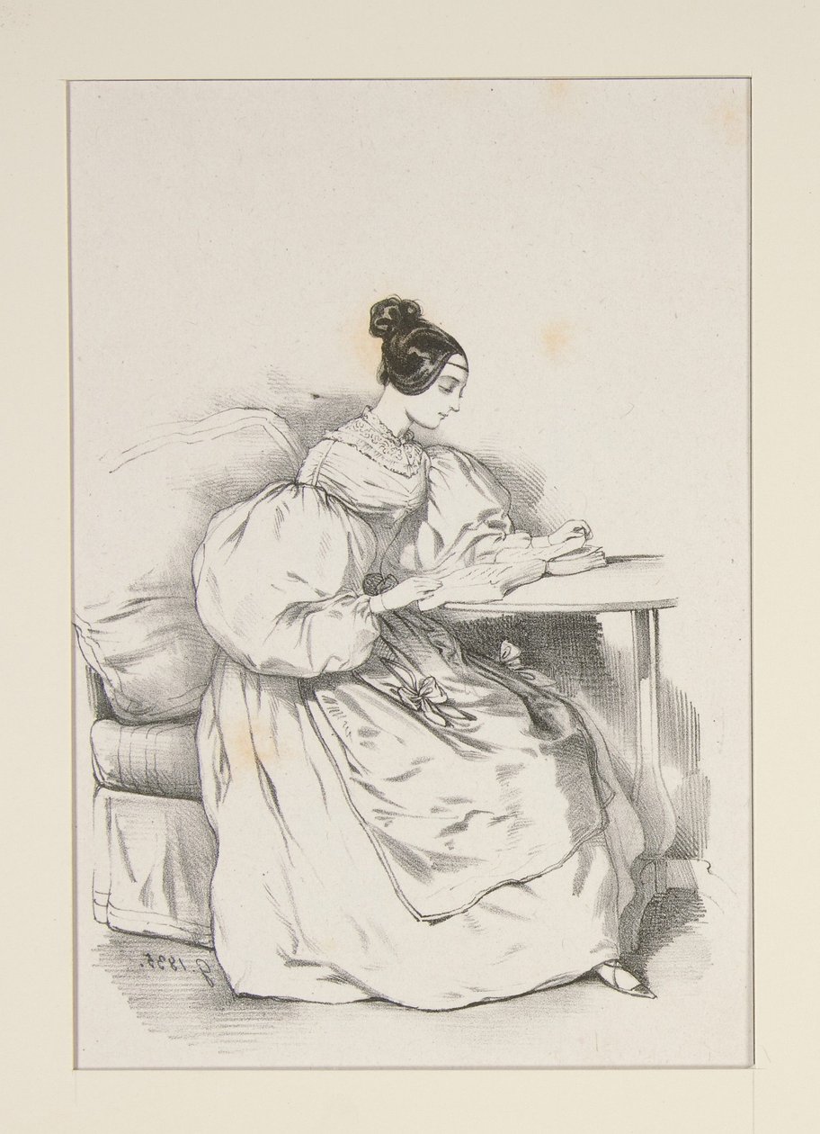 THUIS. (September 1835) Jurk van Schotse batist,... door Paul Gavarni