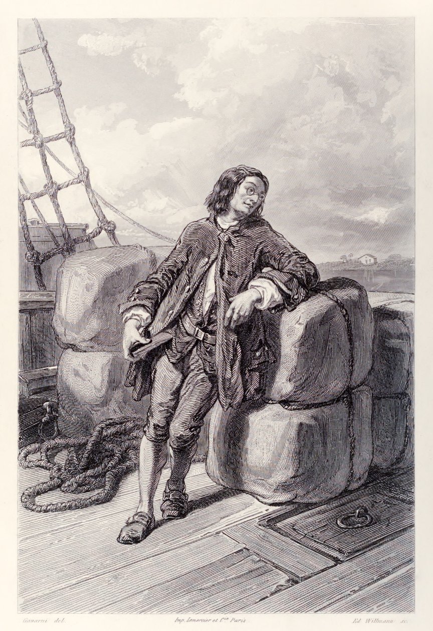 Kapitein Lemuel Gulliver op zee op zijn koopvaardijschip, uit de Franse editie van Gullivers Reizen door Jonathan Swift door Paul Gavarni