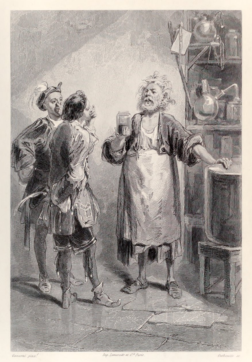 Gulliver betreedt een kamer in de grote Academie van Lagado gevuld met een weerzinwekkende geur, uit de Franse editie van Gullivers Reizen door Jonathan Swift door Paul Gavarni