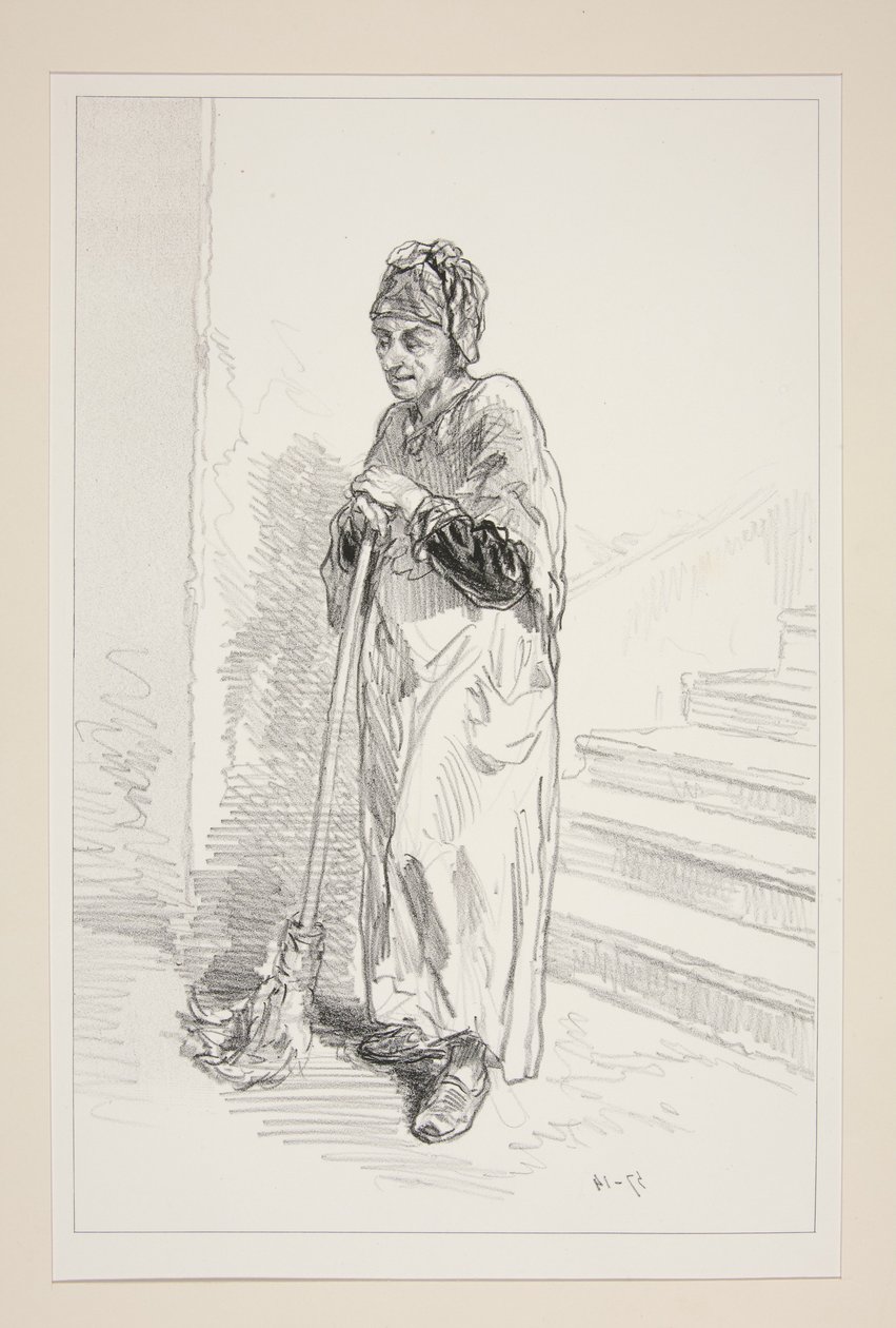 LA PORTIERE. De kleine dame op de tweede verdieping verbergt iets voor hem. door Paul Gavarni