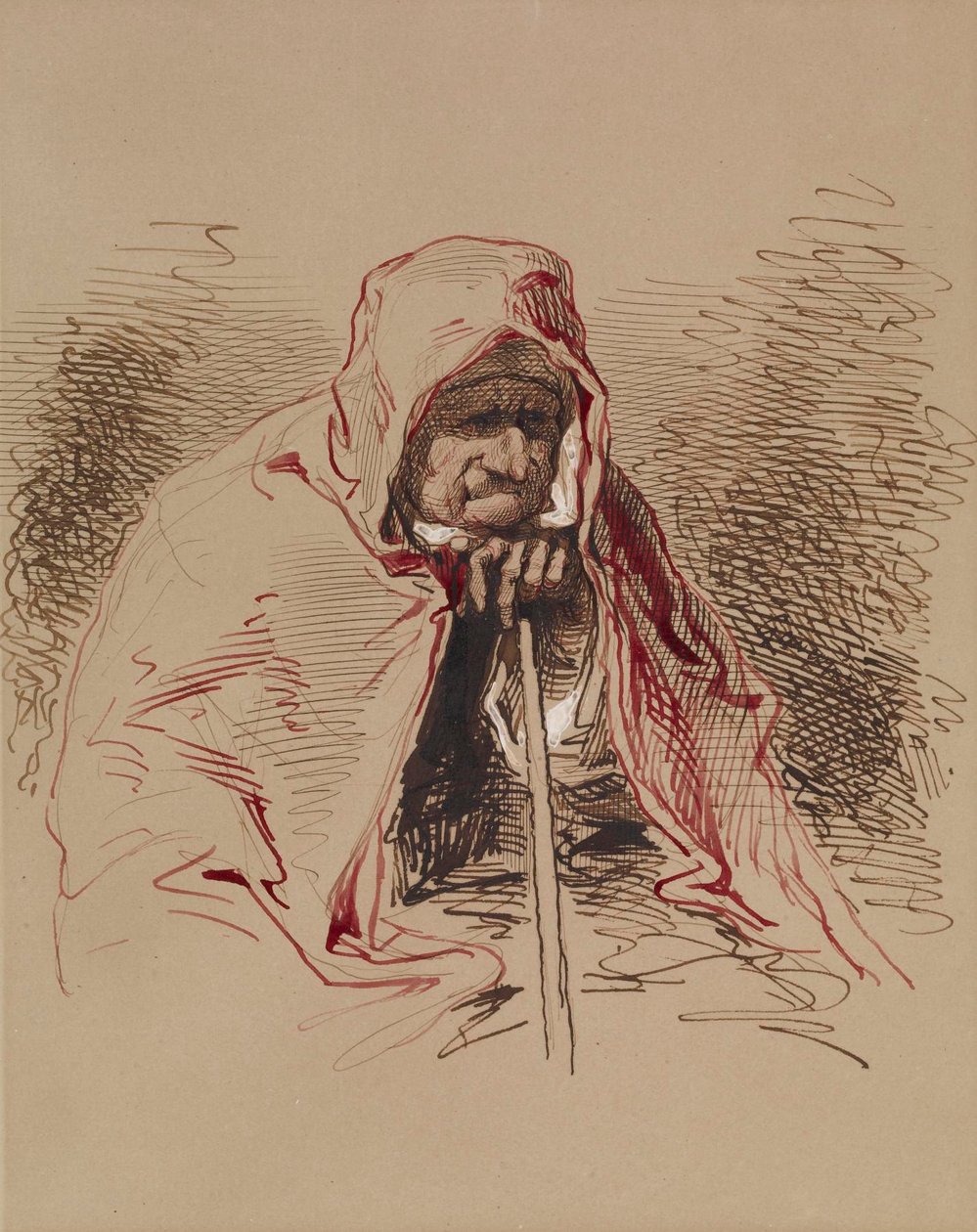 Oude dame met rode sjaal door Paul Gavarni