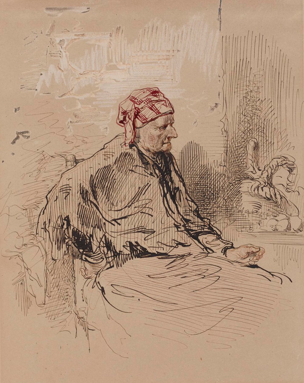 Oude vrouw met rode muts door Paul Gavarni