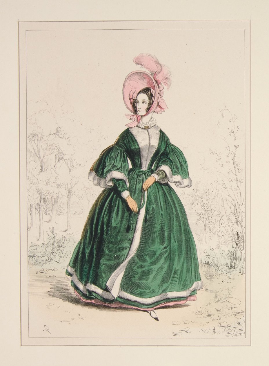 Pelisse van grosgrain, gevoerd met satijn en afgezet met crêpe. Pluchen hoed. door Paul Gavarni