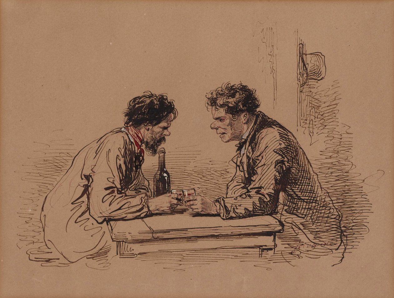 Twee mannen aan een tafel met wijn door Paul Gavarni