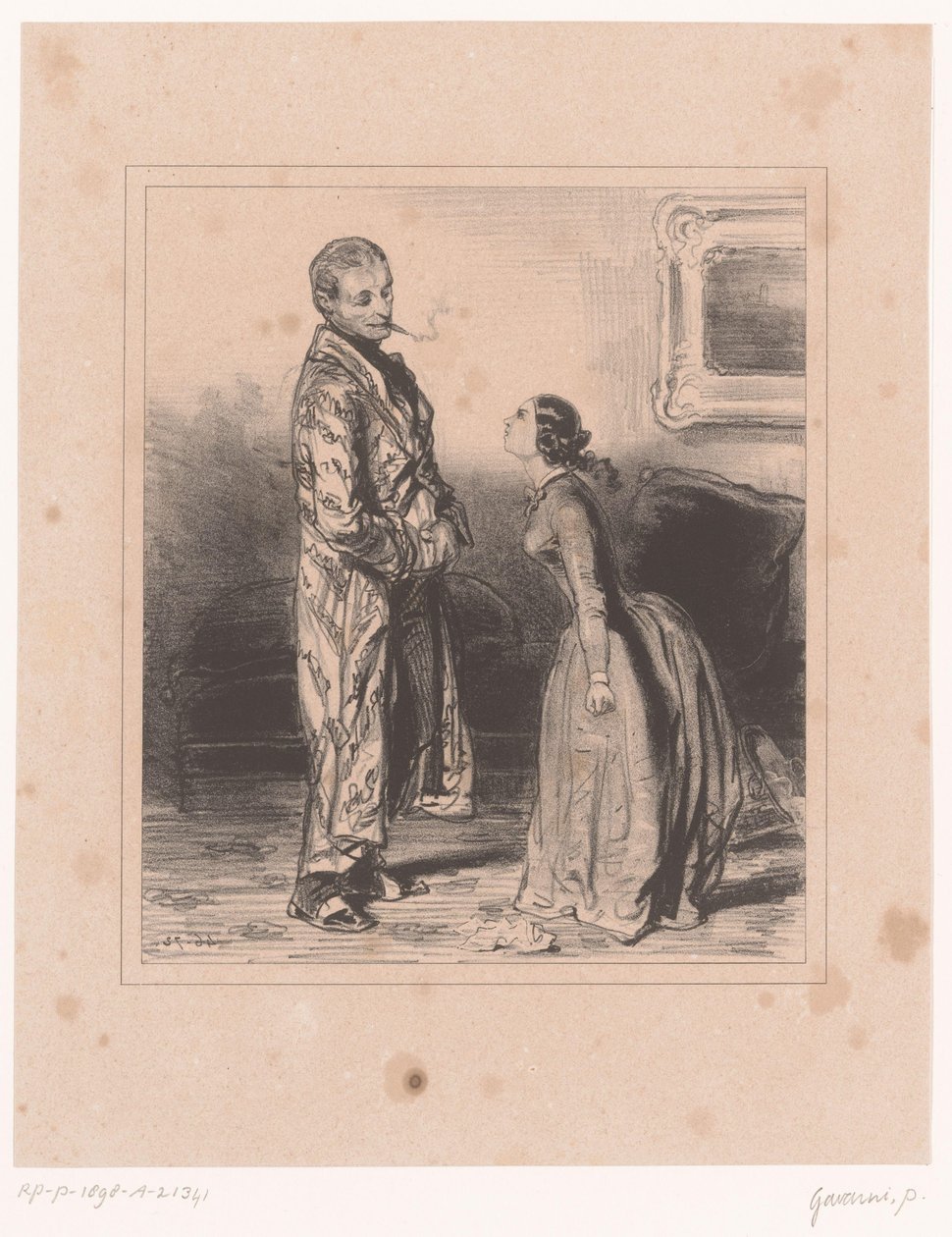 Vrouw schreeuwt tegen haar man, uit de serie Impressies van het huwelijk door Paul Gavarni