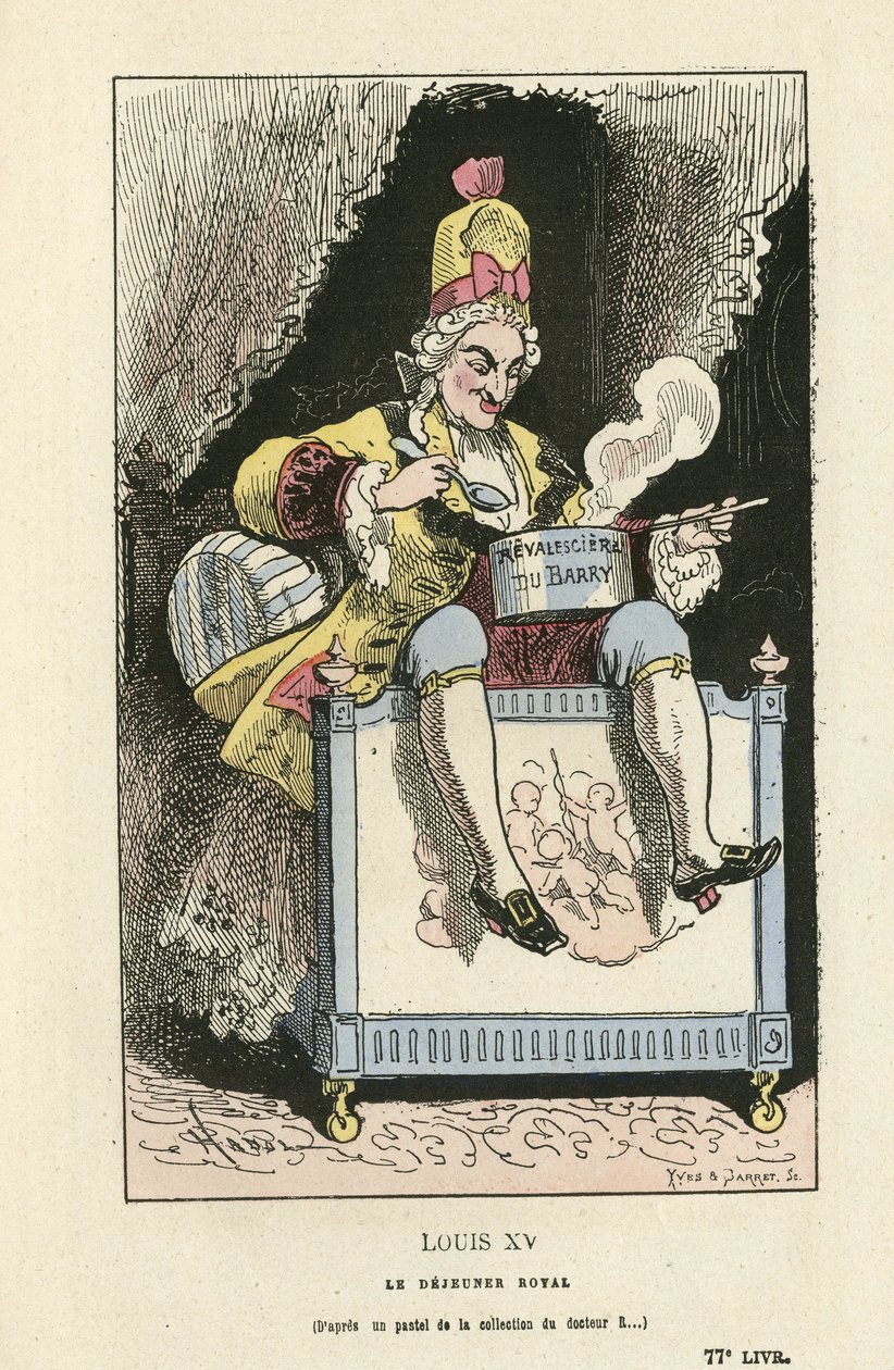 Illustratie van Hadol (1835-1875) in Histoire de France tintamarresque, ca. 1880 - Ancien régime - Du Barry Jeanne, Louis XV door Paul Hadol