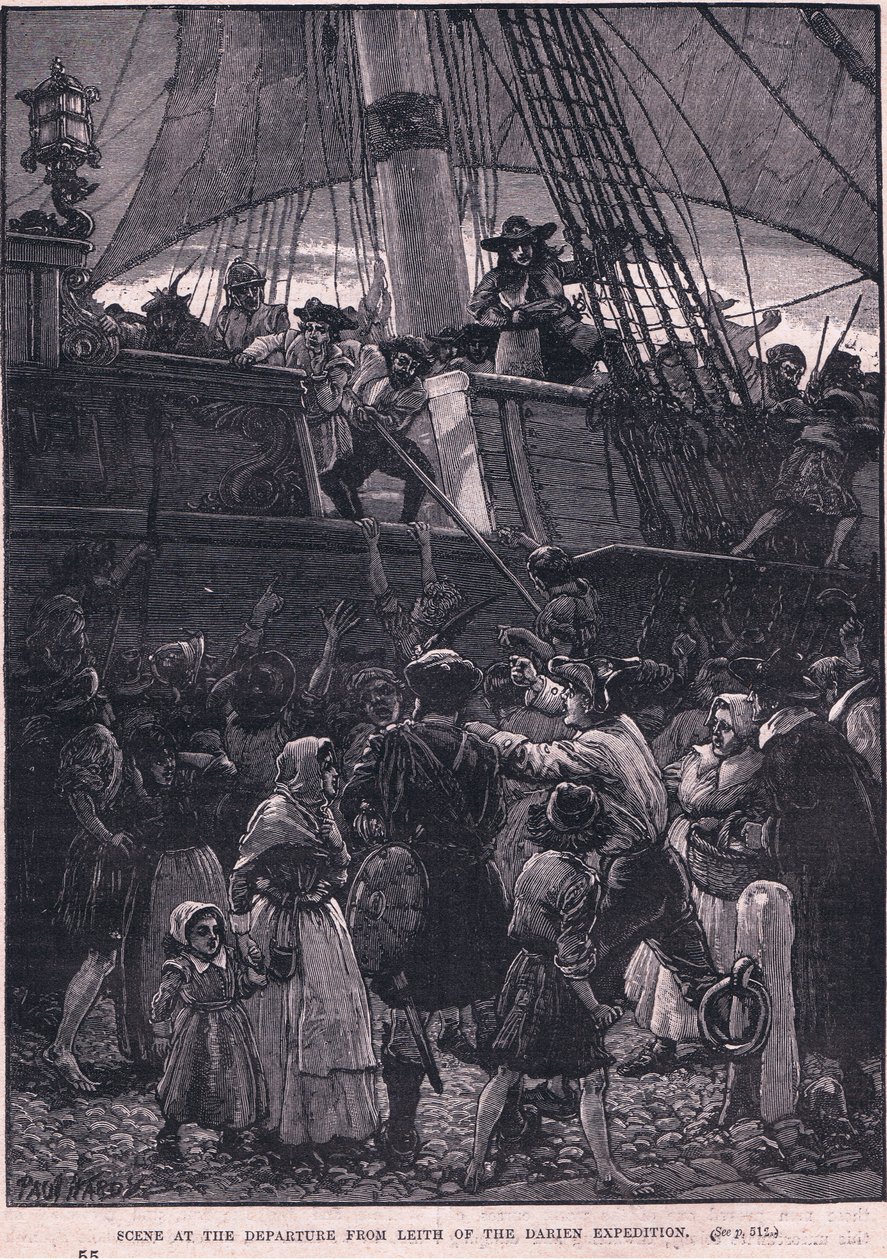 Scène van het vertrek uit Leith van de Darien-expeditie AD 1698 door Paul Hardy
