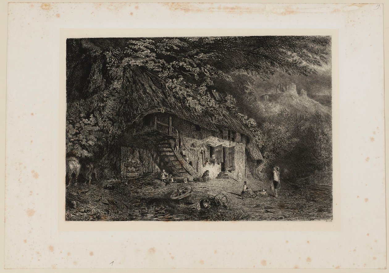 Normandisch rietgedekt huisje met de ruïnes van het kasteel van Arcques. Beraldi 79 IFF 31 door Paul Huet