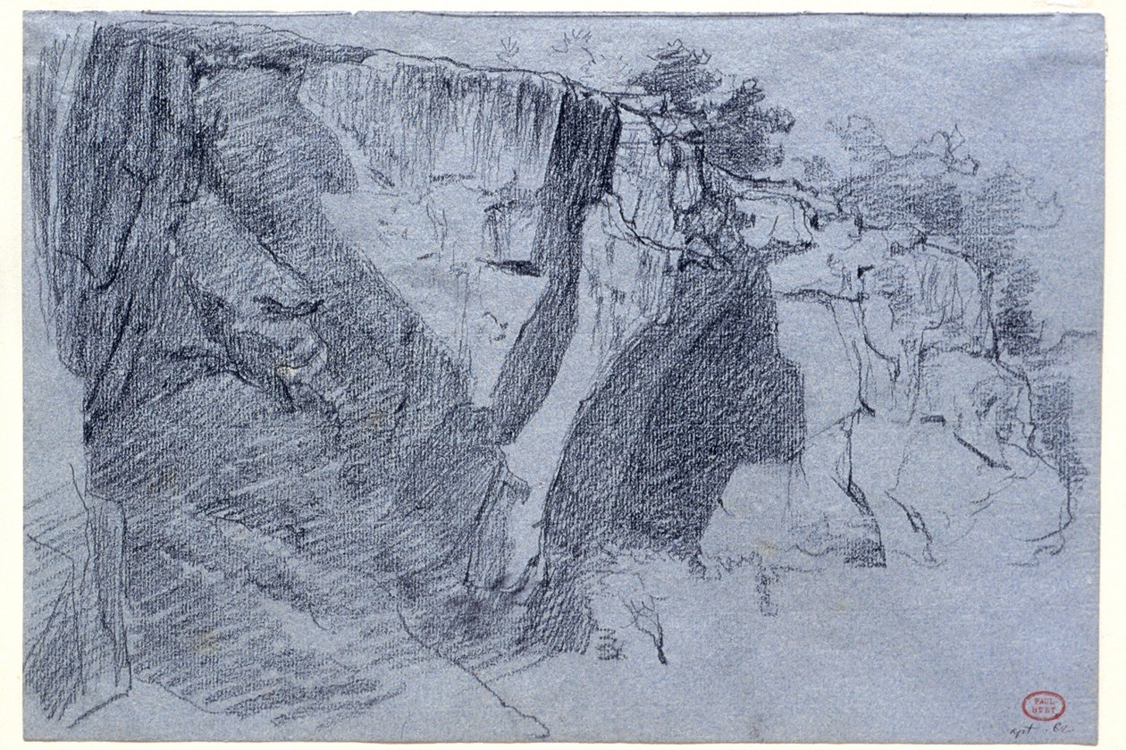 Landschap met rotswand door Paul Huet