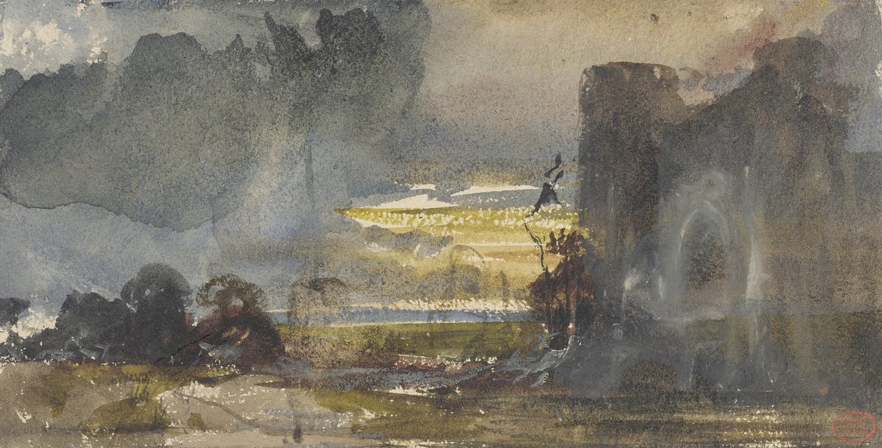Romantisch landschap met kasteel door Paul Huet
