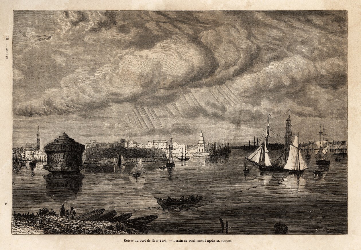 De ingang van de haven van New York. Gravure in Le tour du monde 1861. Selva