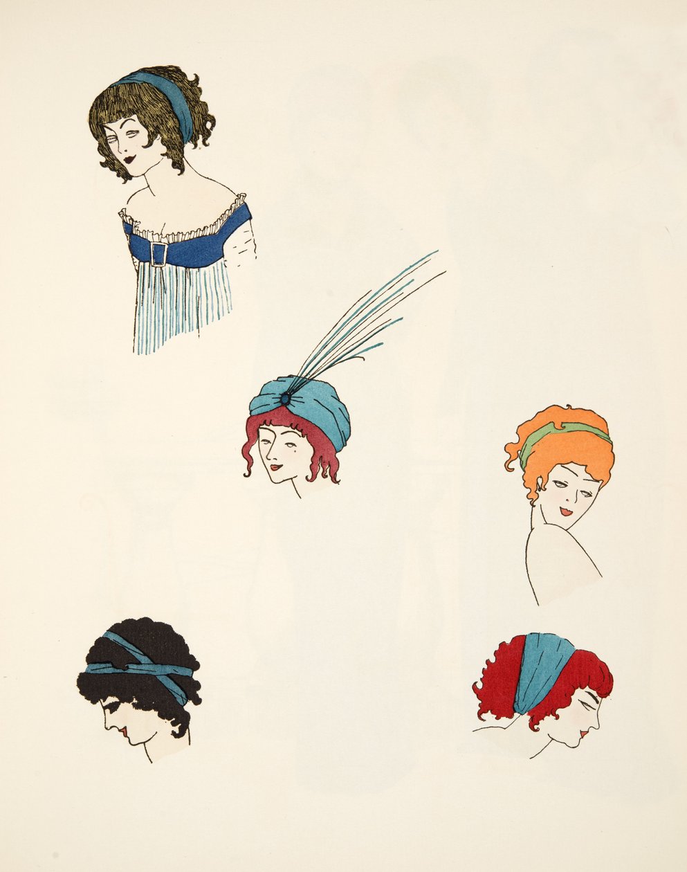 Ontwerpen voor hoofdtooien, uit Les Robes de Paul Poiret gepubliceerd 1908 door Paul Iribe