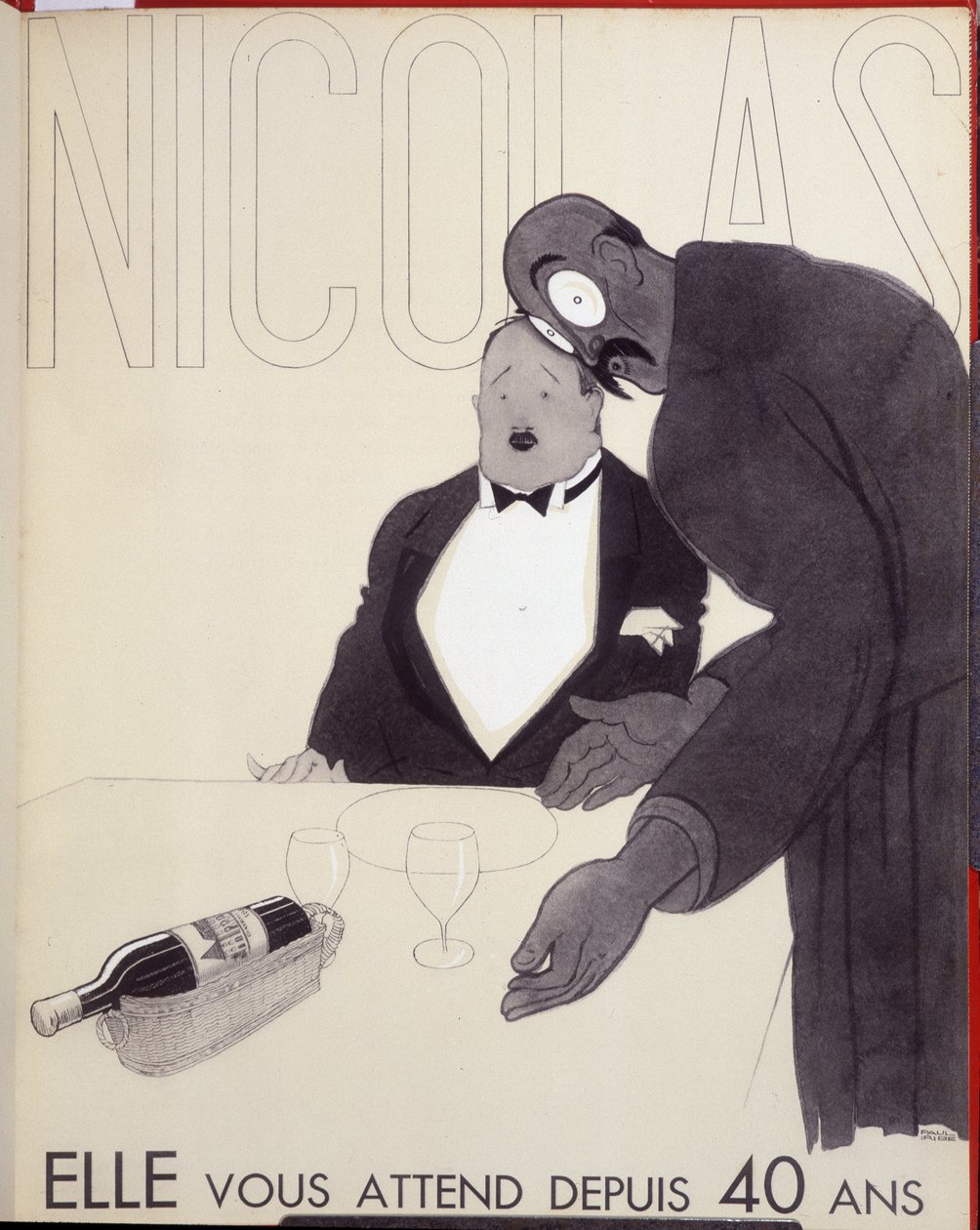 Ze wacht al 40 jaar op je De ober van een restaurant spreekt een klant aan door een fles wijn te ontwerpen. - advertentie voor Nicolas, tekening door Paul Iribe door Paul Iribe