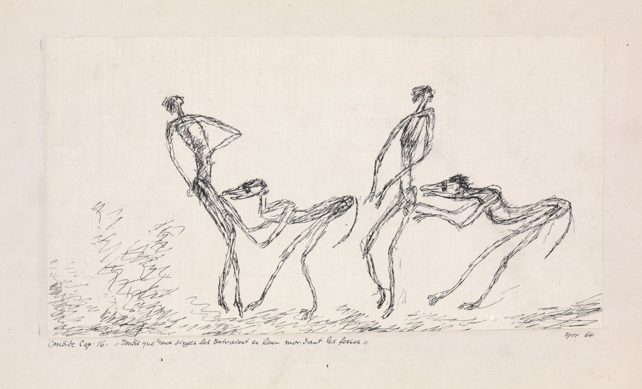Candide, hoofdstuk 16. Terwijl twee apen hen volgden en in hun billen beten, 1911 door Paul Klee