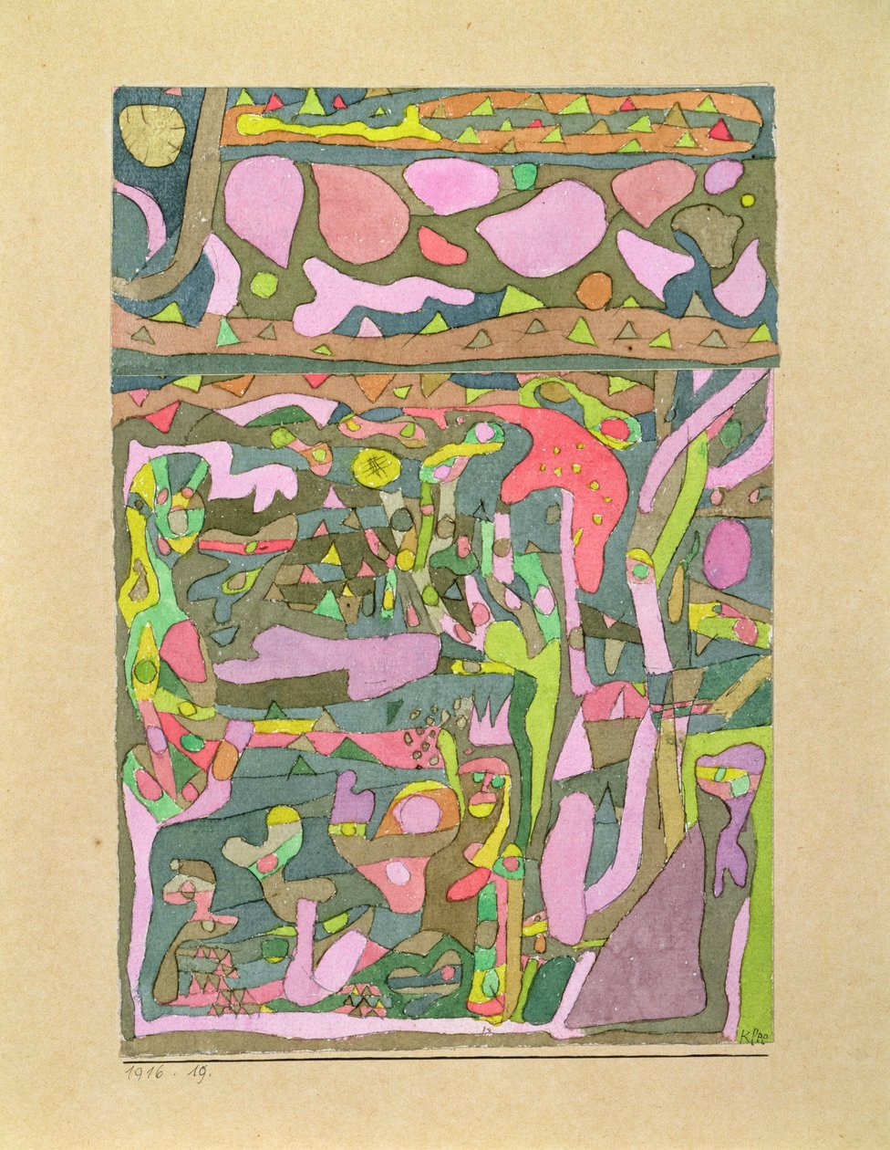 De zon ontdekt dat de wereld van kleuren al bestaat, gecompliceerde compositie door Paul Klee