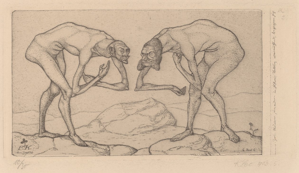 Twee mannen ontmoeten elkaar, elk denkend dat de ander van hogere rang is door Paul Klee