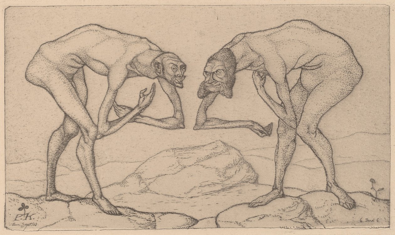 Twee Mannen, elkaar in hogere positie vermoedend, ontmoeten elkaar, 1903 door Paul Klee