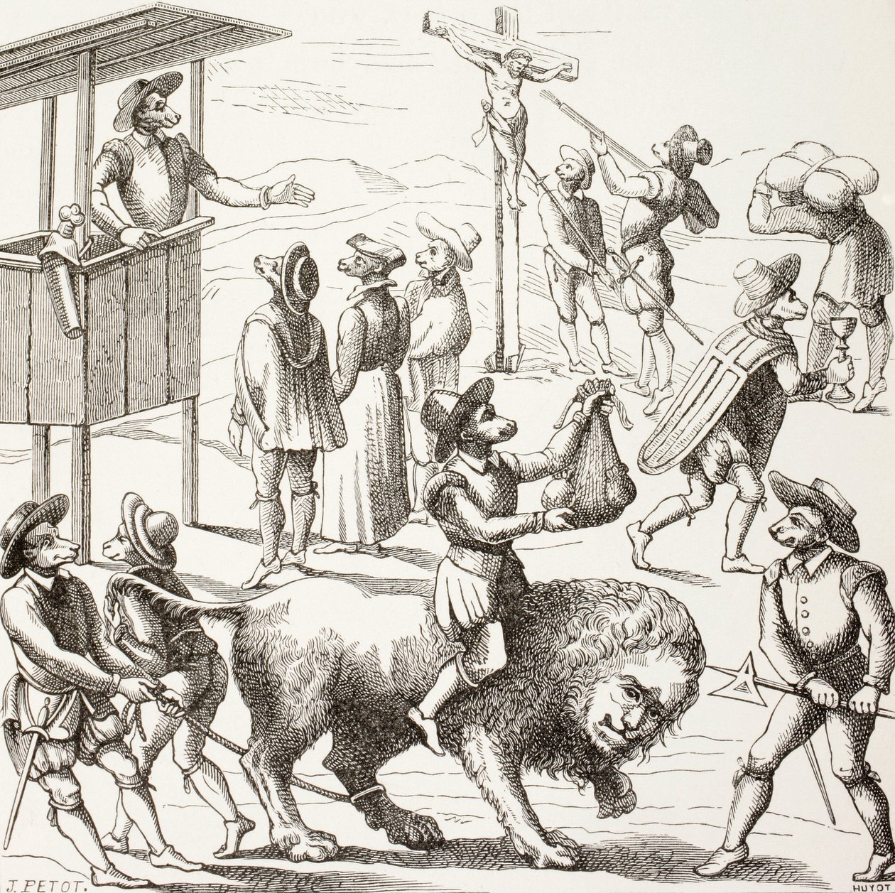 Allegorische afbeelding van excessen die begaan zouden zijn door de hugenoten. De tamme leeuw vertegenwoordigt een Frankrijk dat is gereduceerd door de ketters en hun praktijken. door Paul Lacroix