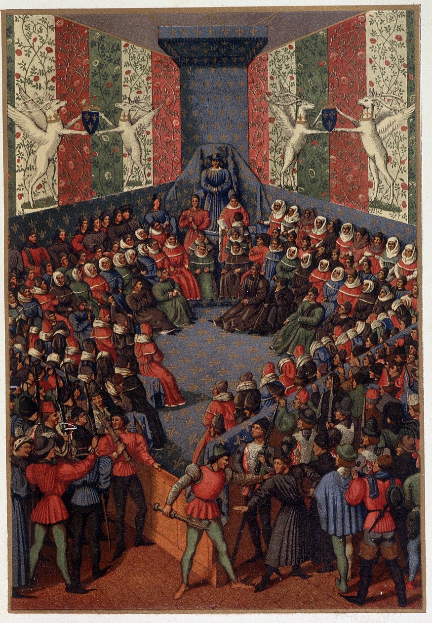 Karel VII voorzit de berechting van Jan, hertog van Alençon (bondgenoot van de Engelsen) in Vendome in 1458 - naar de miniatuur van Fouquet, in Militair en religieus leven in de Middeleeuwen en de Renaissance door Paul Lacroix, Parijs door Paul Lacroix