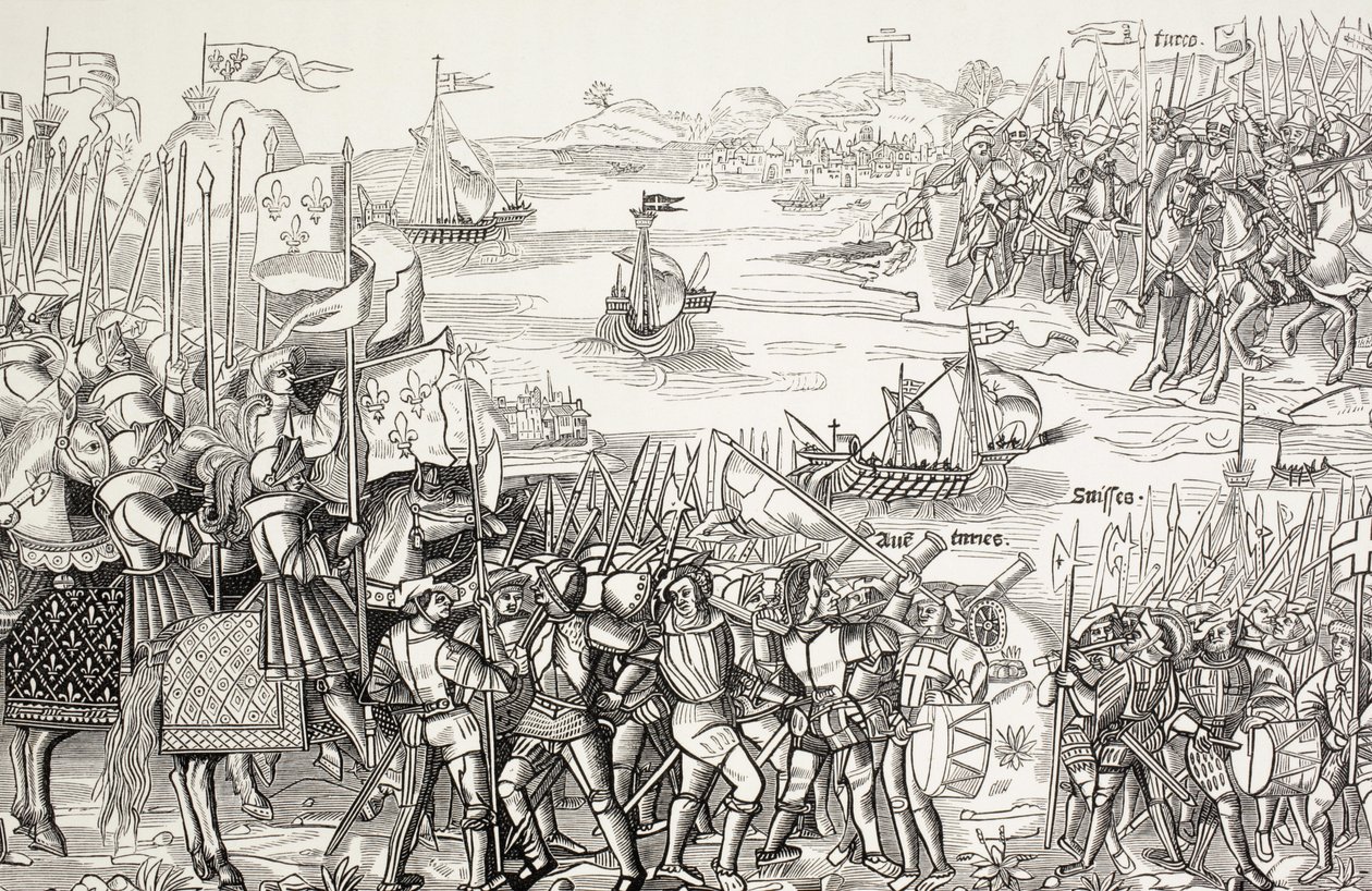 Kruisvaarders landen in Damietta, Egypte, in 1249 tijdens de zevende kruistocht. door Paul Lacroix