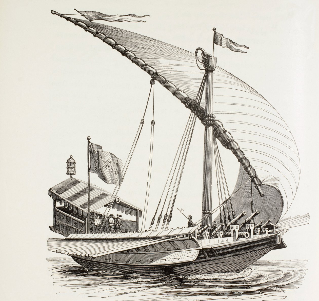 Pontificaal galei met zeilen, roeispanen en zware artillerie. Het voert de pauselijke vlag. Naar een tekening van Breugal de Oudere. door Paul Lacroix
