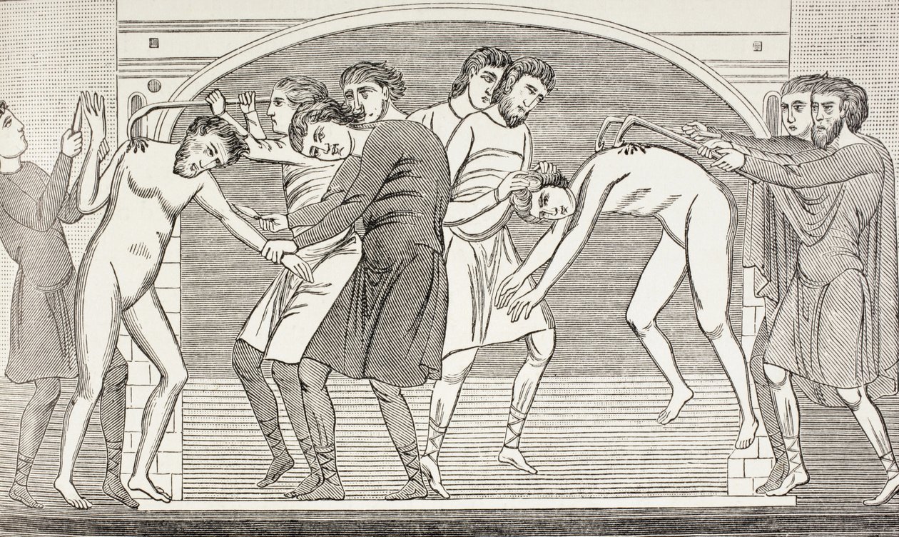 De heiligen Savin en Cyprianus worden met ijzeren haken uit hun lichaam gerukt. Naar een 11e-eeuws fresco in de kerk van St Savin, Vienne, Frankrijk. door Paul Lacroix