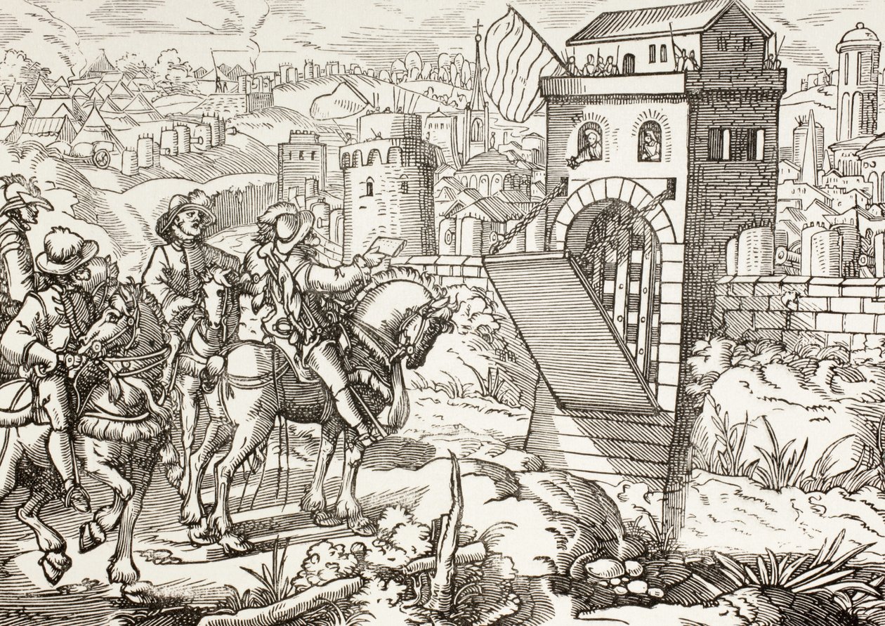 De belegering van een stad. Het belegerende leger leest de voorwaarden voor overgave van de stad en opent de poorten. door Paul Lacroix