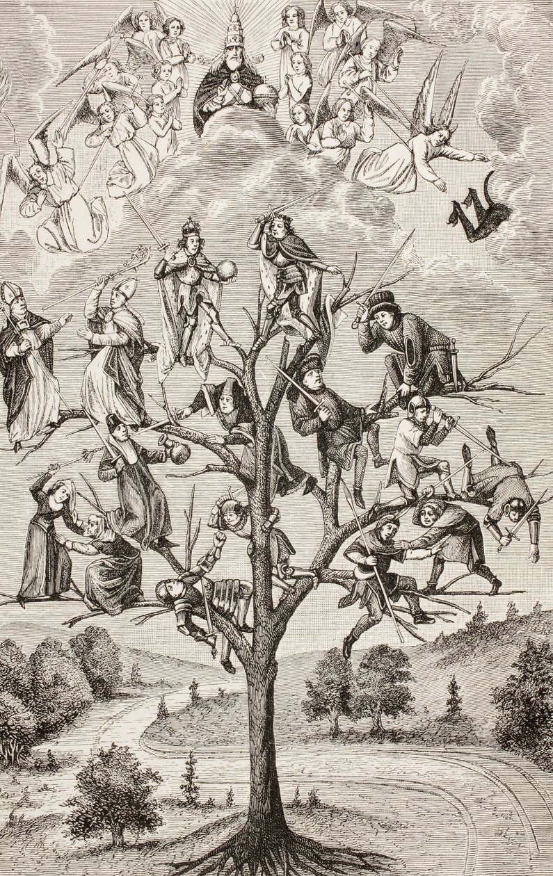 De boom van gevechten. Allegorische figuren die de verdeeldheid tussen sociale klassen uitbeelden. Naar een 15e eeuws manuscript. door Paul Lacroix