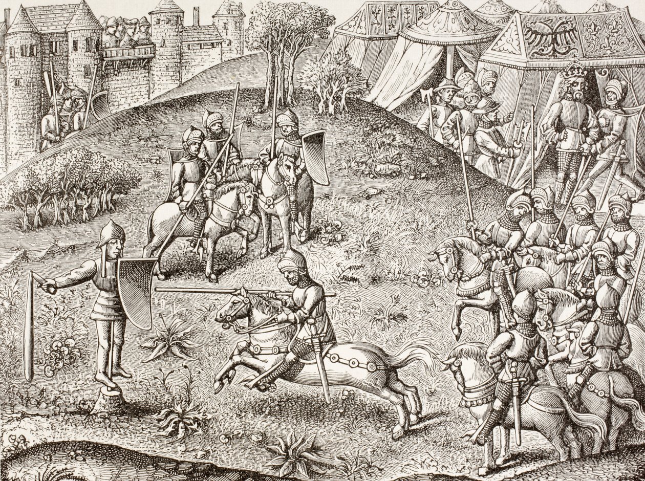 De draaiende afbeelding van een ridder. Naar een miniatuur in de 15e-eeuwse Chroniques De Charlemagne. door Paul Lacroix