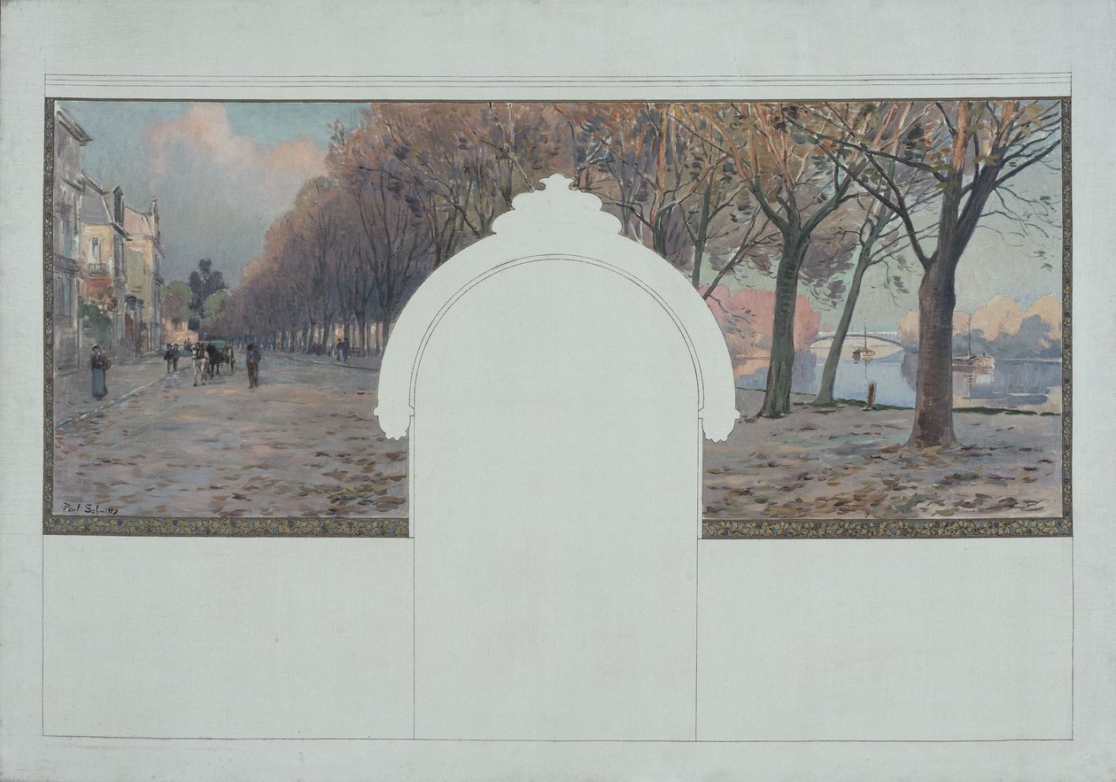 Schets voor het stadhuis van Asnières: Landschap. Quais de la Seine à Asnières, circa 1901 door Paul Léon Felix (attr. to) Schmitt