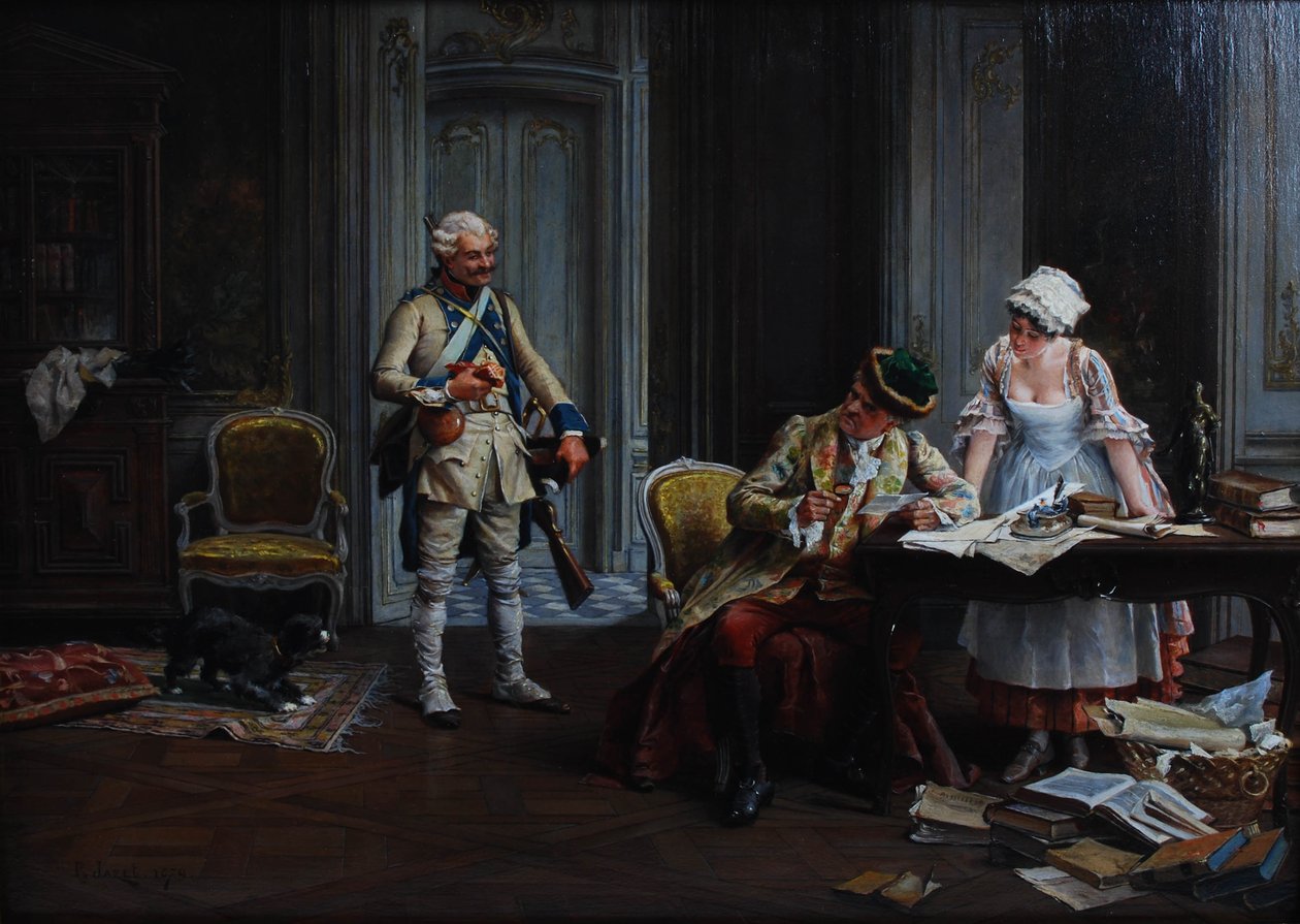 Le Billet de Logement. Olieverf op paneel, gesigneerd en gedateerd P Jazet 1879 door Paul Léon Jazet