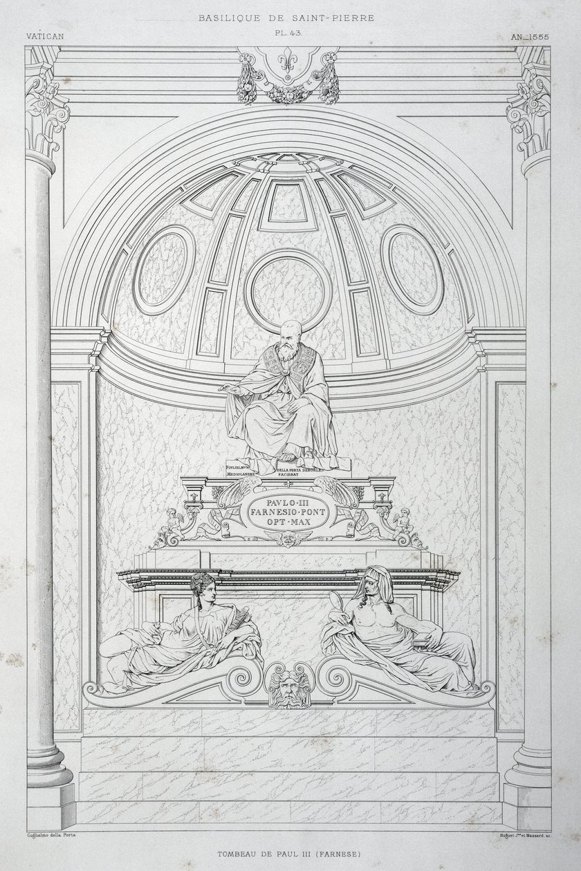 Grafmonument van paus Paulus III (Farnese), gravure uit Het Vaticaan en de Sint-Pietersbasiliek door Paul Marie Letarouilly