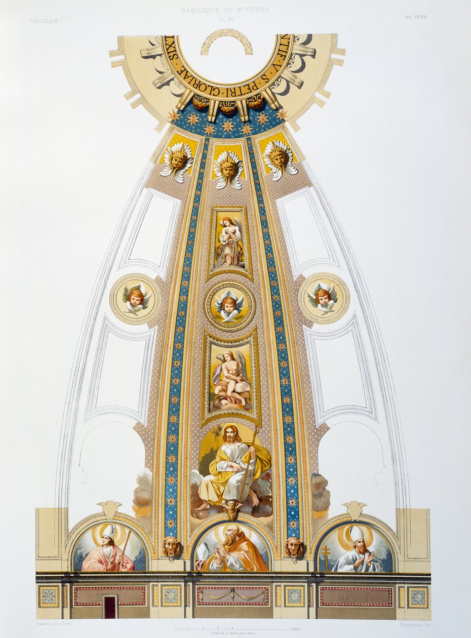Mozaïekdecoratie van grote koepel, chromolithografie uit Het Vaticaan en de Sint-Pietersbasiliek door Paul Marie Letarouilly