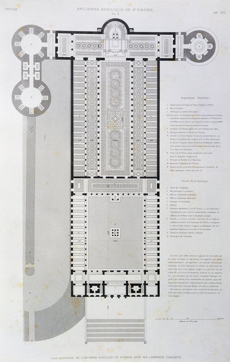 Herstelde indeling van de Oude Basiliek gebouwd door keizer Constantijn, gravure uit Vaticaan en Sint-Pietersbasiliek door Paul Marie Letarouilly