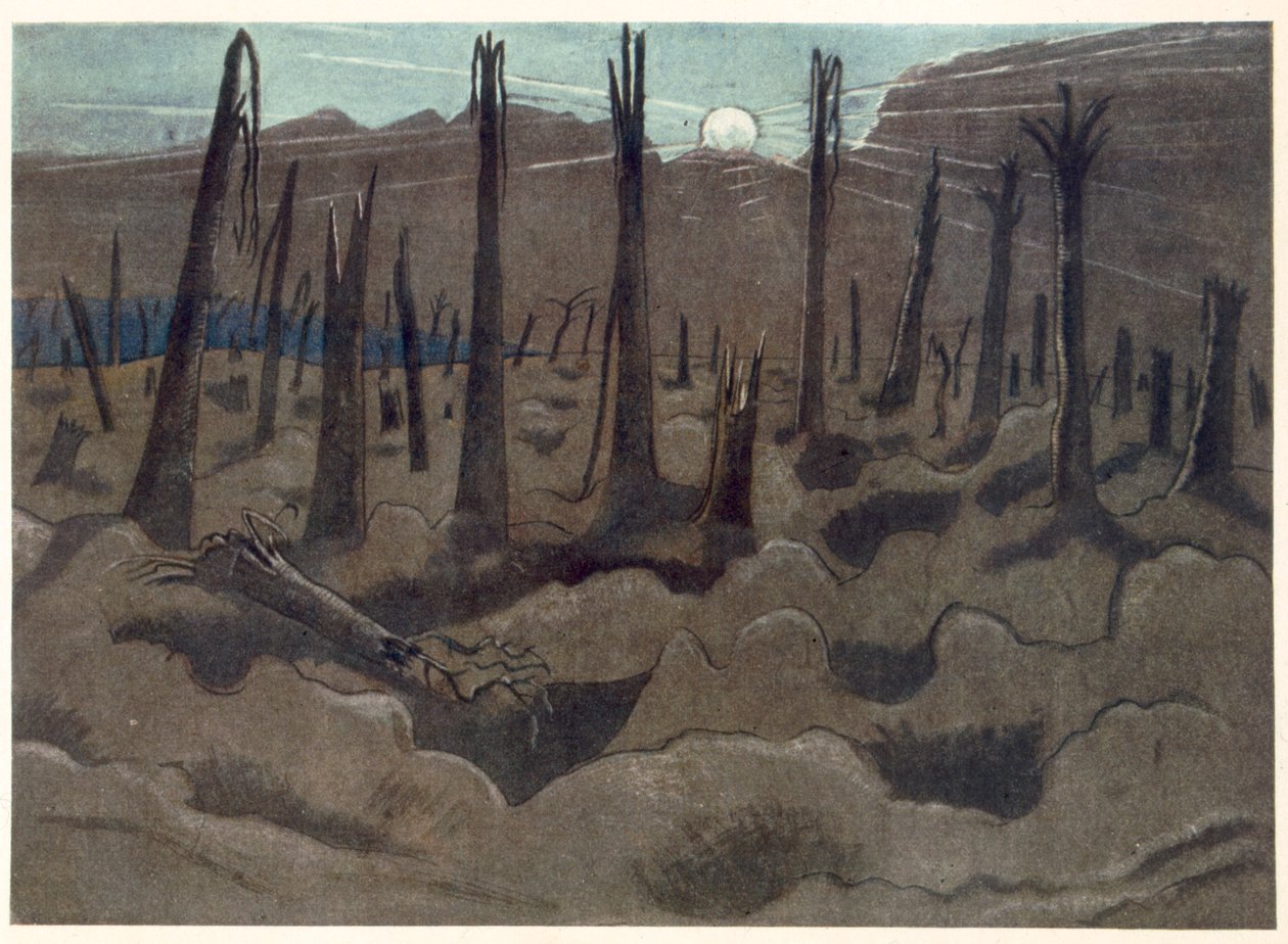 Zonsopgang, Inverness Copse, uit British Artists at the Front, Continuation of The Western Front, Part Three, Paul Nash door Paul Nash