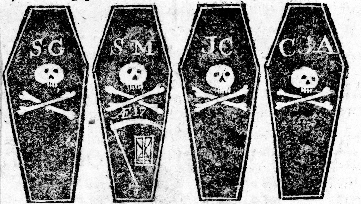 Tekening van de vier doodskisten van het Bloedbad van Boston, gedrukt in de Boston Gazette, 12 maart 1770 door Paul Revere