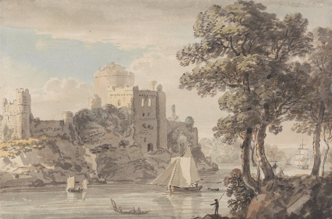Een kasteel aan een rivier door Paul Sandby