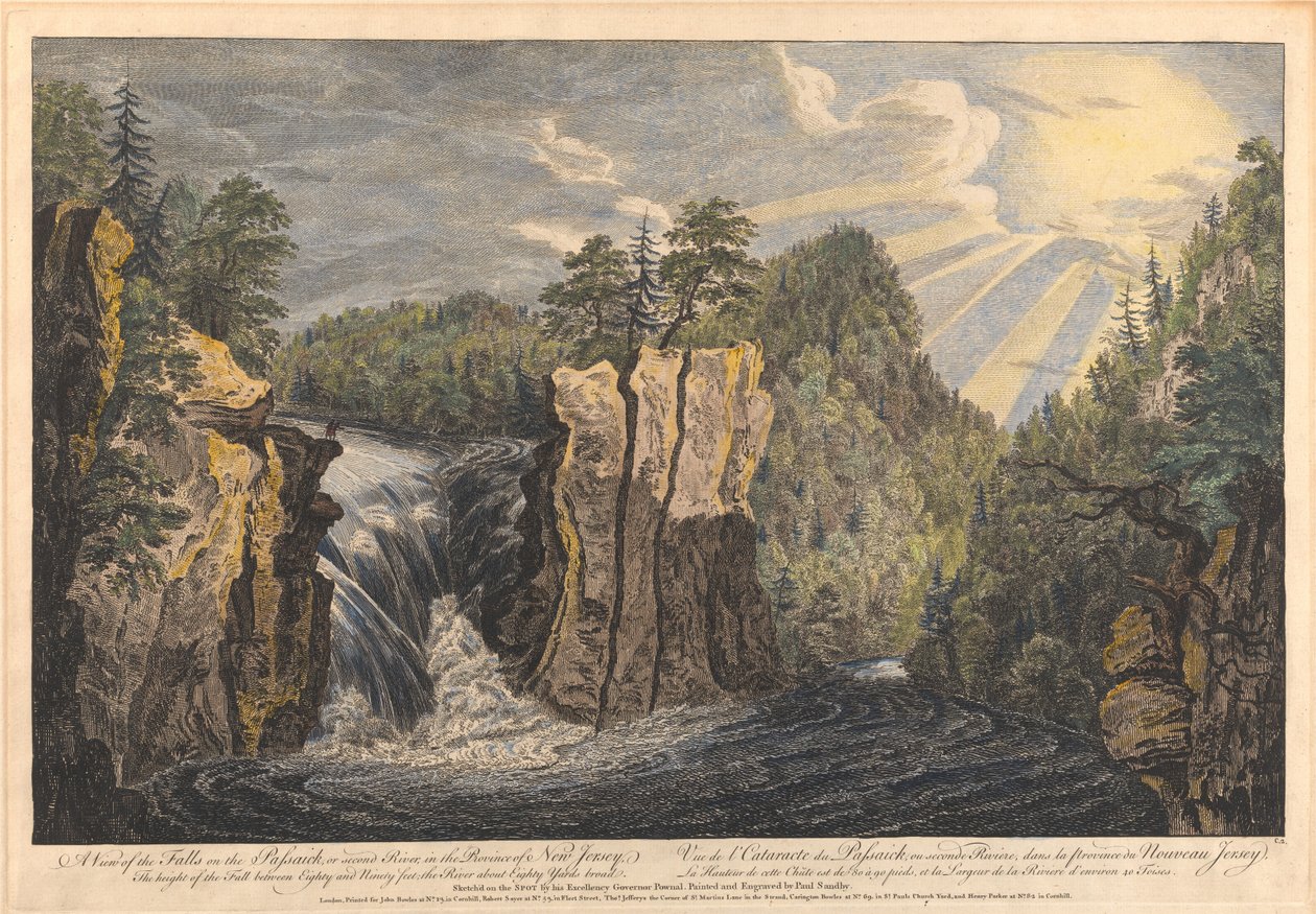 Gezicht op de watervallen van de Passaic, of Second River, in de provincie New Jersey door Paul Sandby