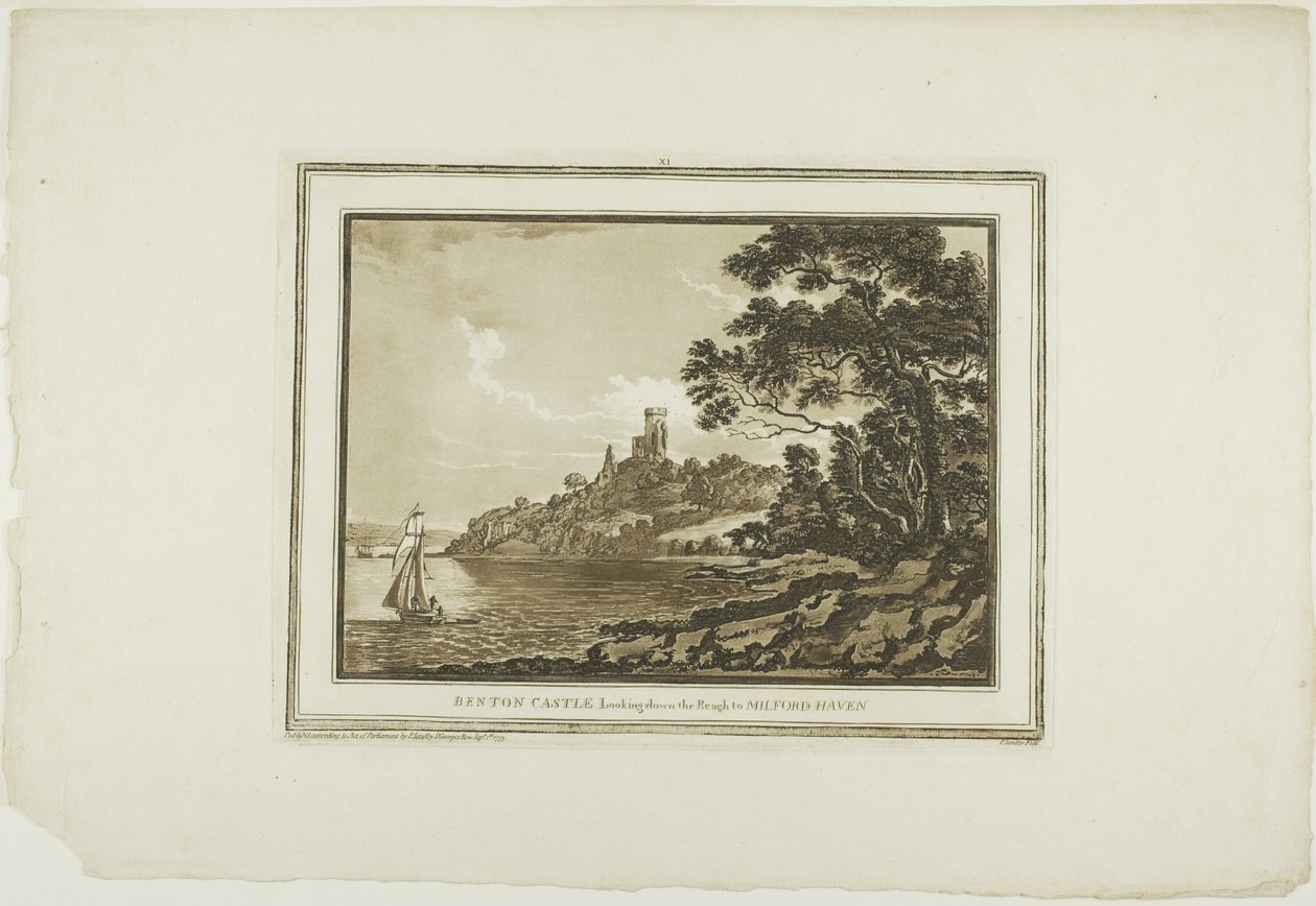 Benton Castle kijkend naar beneden naar Milford Haven, uit Twaalf Zichten in Aquatinta van Tekeningen ter Plaatse Gemaakt in Zuid-Wales door Paul Sandby