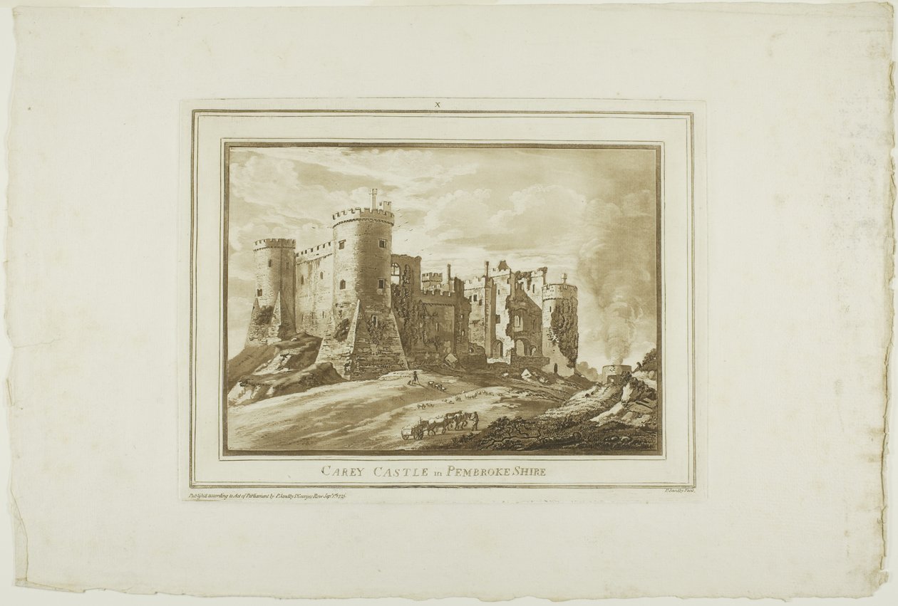 Carey Castle in Pembroke Shire, uit Twaalf uitzichten in aquatint van tekeningen ter plaatse gemaakt in Zuid-Wales door Paul Sandby