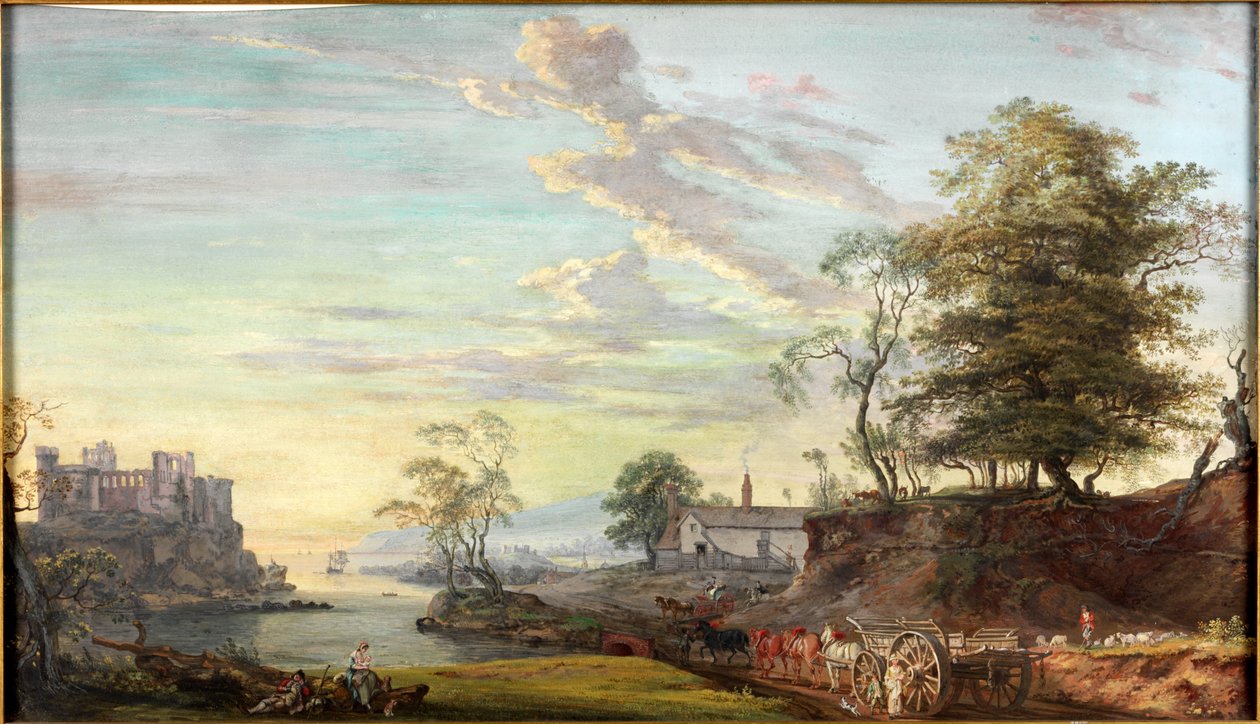 Landschap met kasteel aan een baai door Paul Sandby