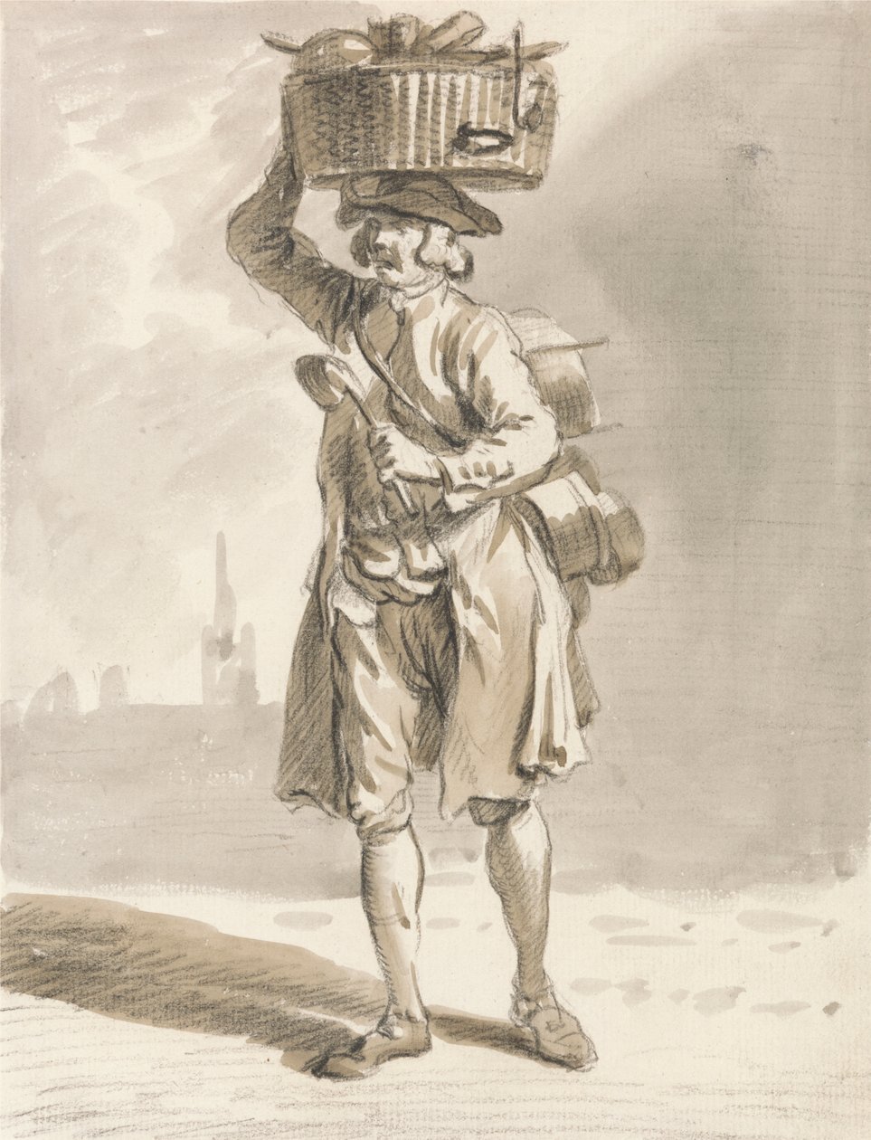Londense kreten: Een man met een mand (man die potten en pannen verkoopt) door Paul Sandby