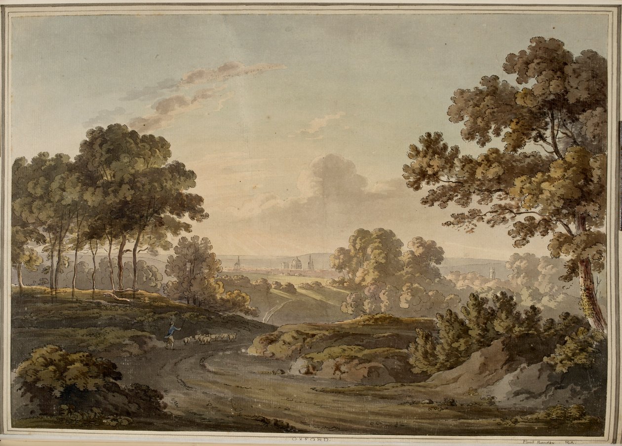 Oxford. Herder die schapen hoedt op weg naar Oxford, dat zichtbaar is aan de horizon verlicht door de gloed van de zonsondergang. door Paul Sandby