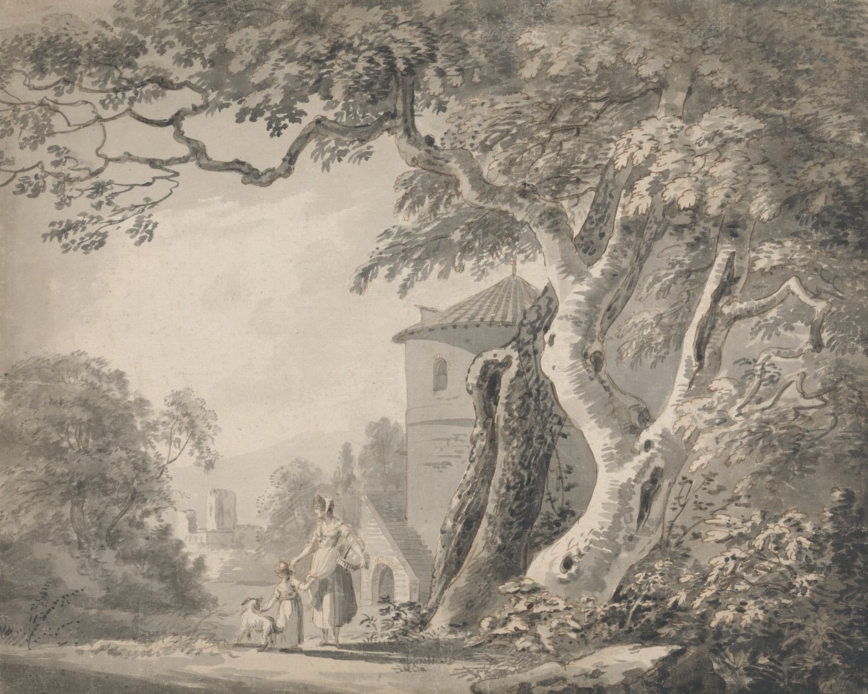 Romantisch Landschap met Figuren en een Hond door Paul Sandby