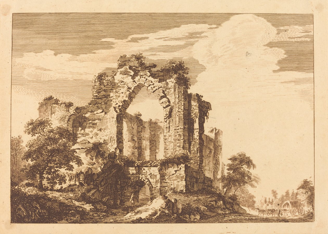 Ruïnes met een Zittende Man en een Bedekte Wagen in de Verte door Paul Sandby