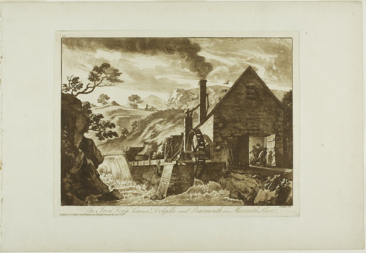 De ijzersmederij tussen Dolgelli en Barmouth in Merioneth Shire door Paul Sandby