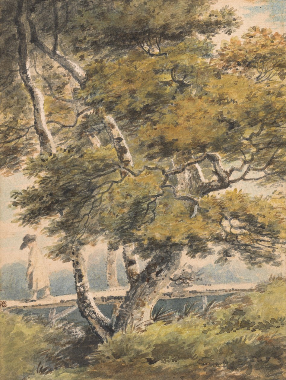 Bomen, met een man die een voetbrug oversteekt door Paul Sandby