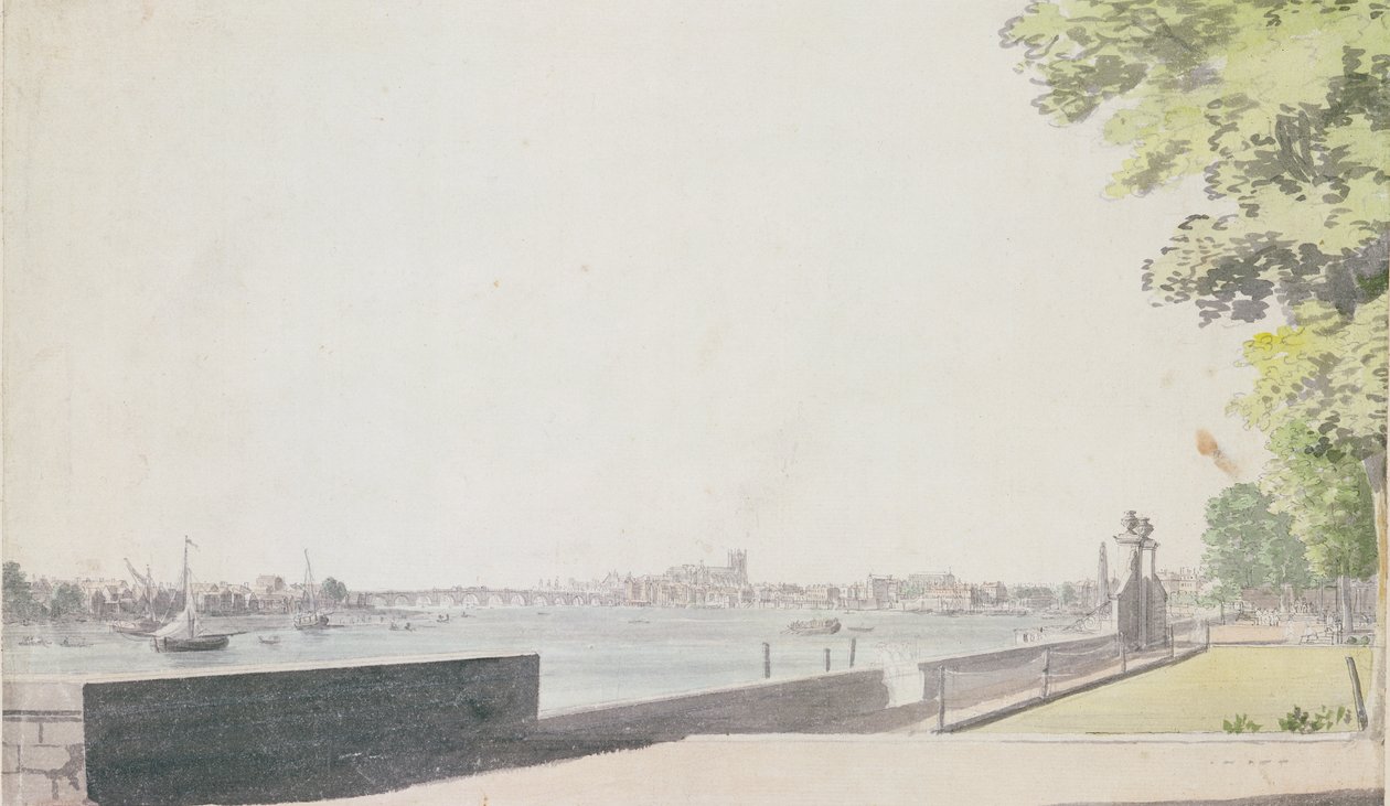 Uitzicht vanaf Somerset House Garden, kijkend naar Westminster Bridge, 1756 door Paul Sandby