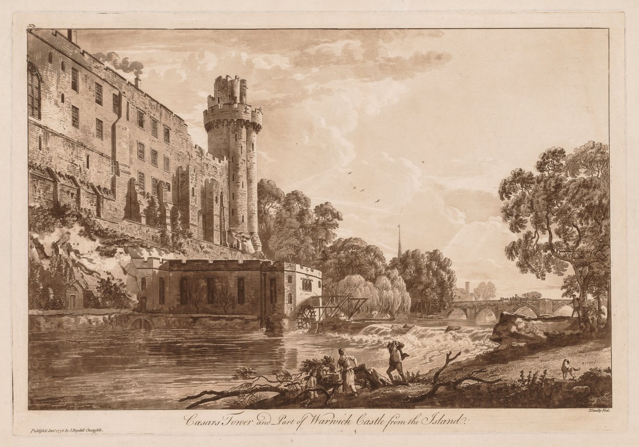 Gezichten op Warwick Castle: Caesars toren en deel van Warwick Castle vanaf het eiland, 1776 door Paul Sandby