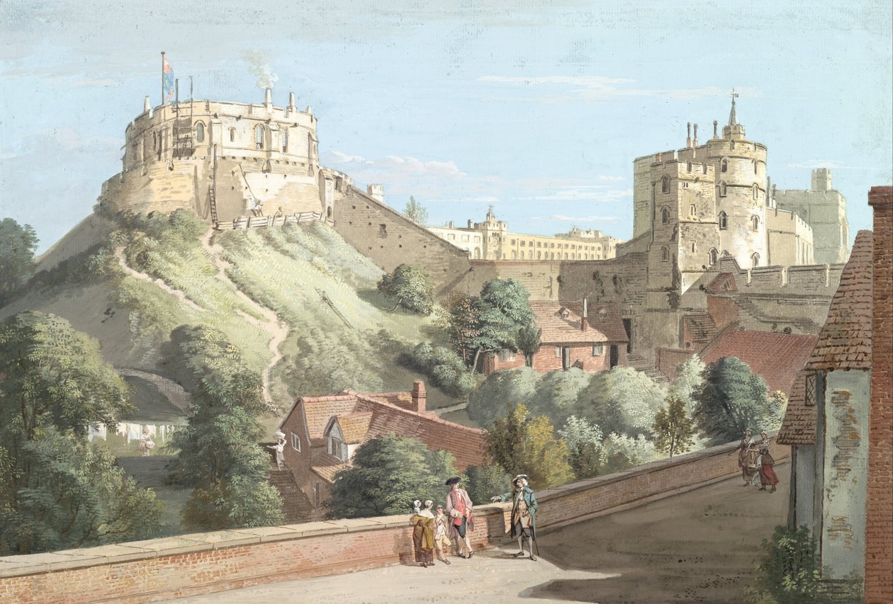 Windsor Castle: de Ronde Toren, het Koninklijk Hof en de Duivelstoren vanaf de Zwarte Staf door Paul Sandby